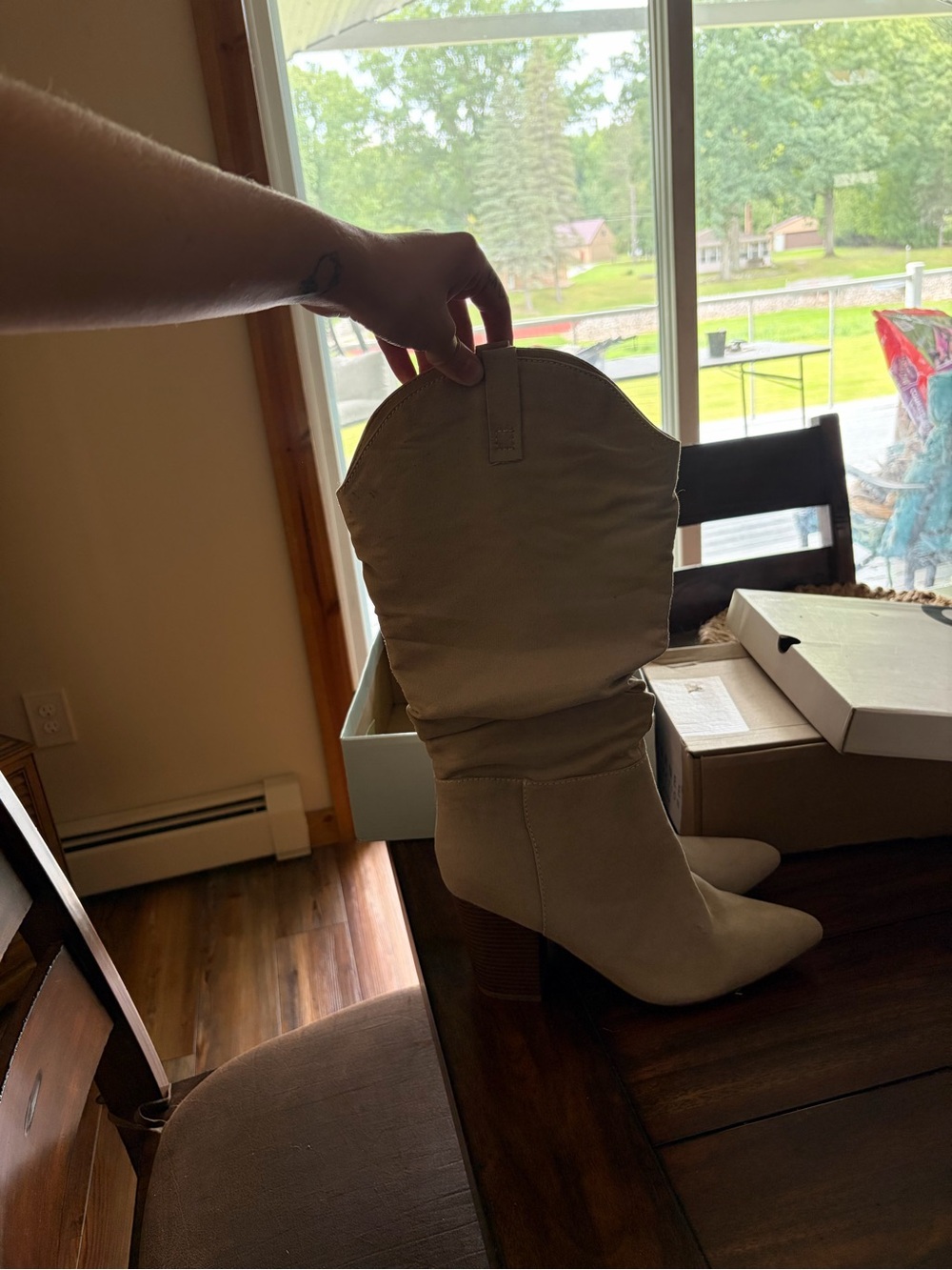 Beige Slouch Pointed-Toe Heeled Boots